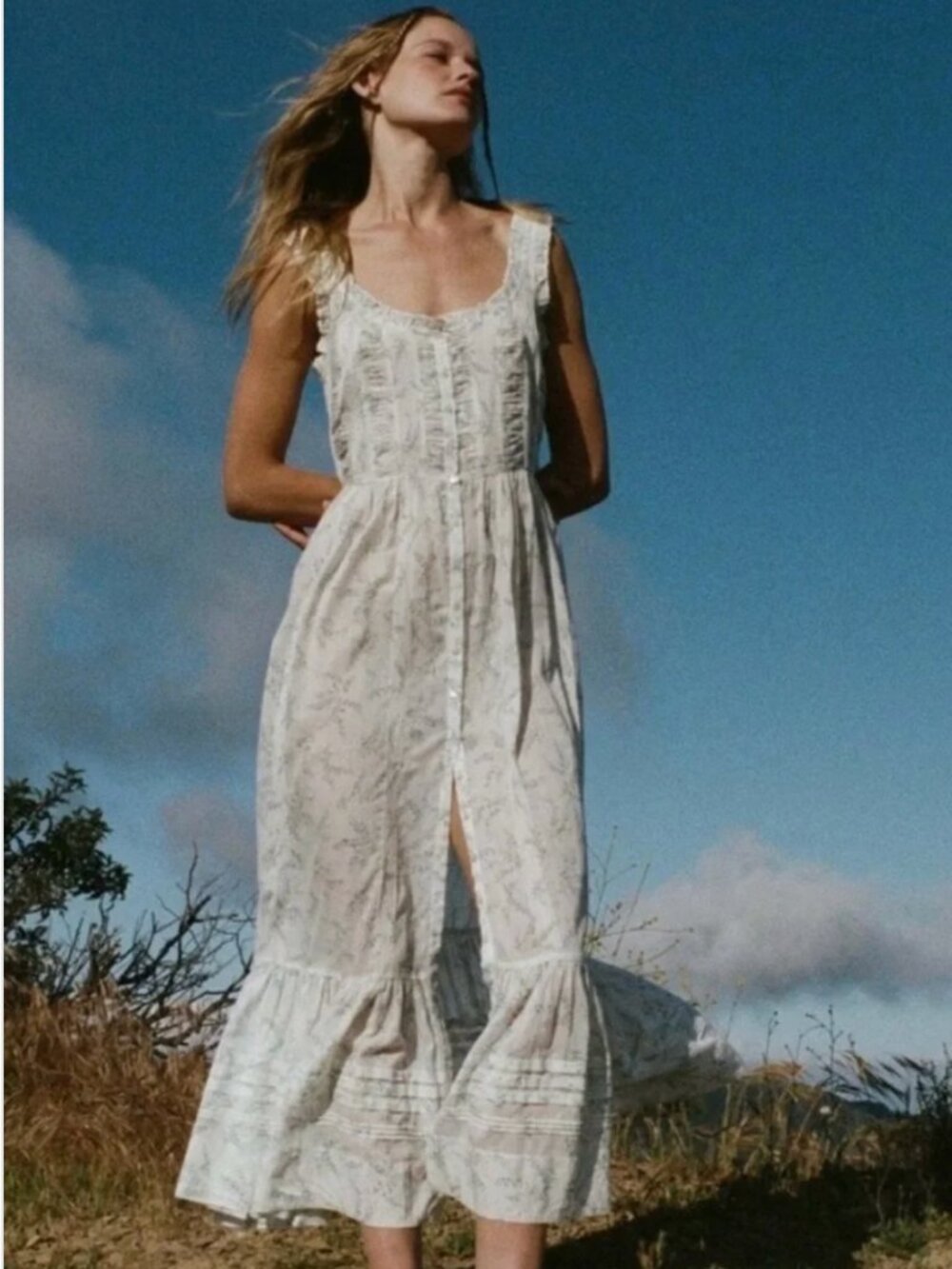 Doen Cream Floral Button-Front Maxi with Ruffle Hem